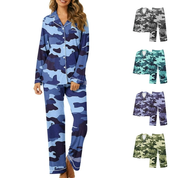 VBTAPA Women Pajama Sets Two-Piece Sleepwear Set Camouflage Printed Long Sleeve Button Down Shirt and Long Pants Pj Lounge Sets with Pockets Green XXXL