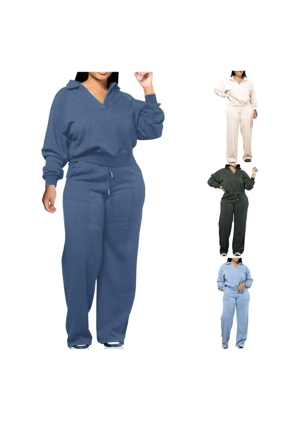 Women Plus Size 2 Piece Outfits Solid Casual Sweatsuit Y2K Tracksuit Crop Top and Pants Matching Set Blue L