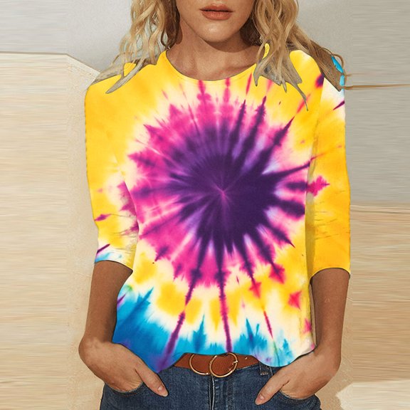VBTAPA Women Rainbow Tie Dye Tee Shirt Trendy 3/4 Sleeve Crewneck Tops Plus Size Loose Fit Pullover Ladies Going Out Blouse Multicolor M