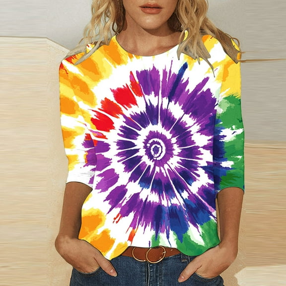VBTAPA Women Rainbow Tie Dye Tee Shirt Trendy 3/4 Sleeve Crewneck Tops Plus Size Loose Fit Pullover Ladies Going Out Blouse Multicolor S