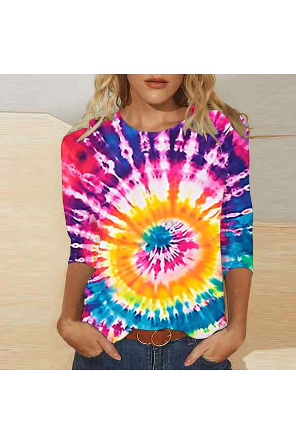 Women Rainbow Tie Dye Tee Shirt Trendy 3/4 Sleeve Crewneck Tops Plus Size Loose Fit Pullover Ladies Going Out Blouse Multicolor XXXXXL