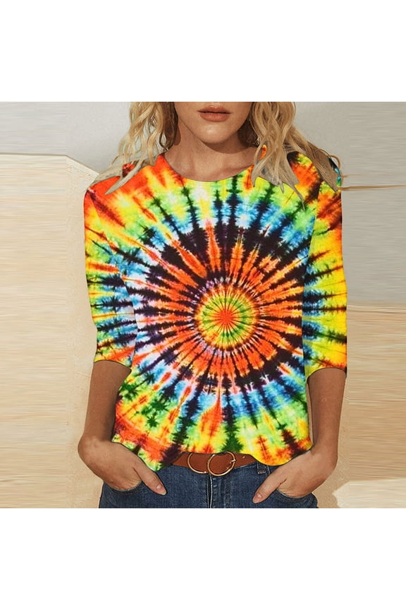 Women Rainbow Tie Dye Tee Shirt Trendy 3/4 Sleeve Crewneck Tops Plus Size Loose Fit Pullover Ladies Going Out Blouse Daily Sales Multicolor XXL