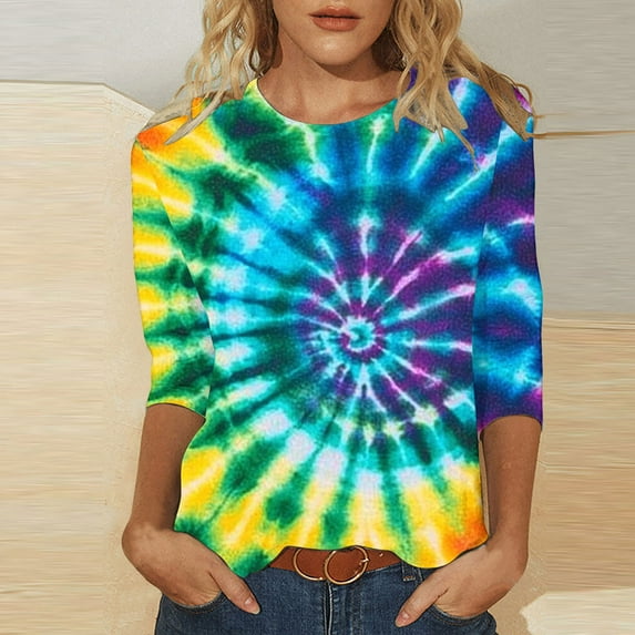 VBTAPA Women Rainbow Tie Dye Tee Shirt Trendy 3/4 Sleeve Crewneck Tops Plus Size Loose Fit Pullover Ladies Going Out Blouse Sales of Today Multicolor XXXXL