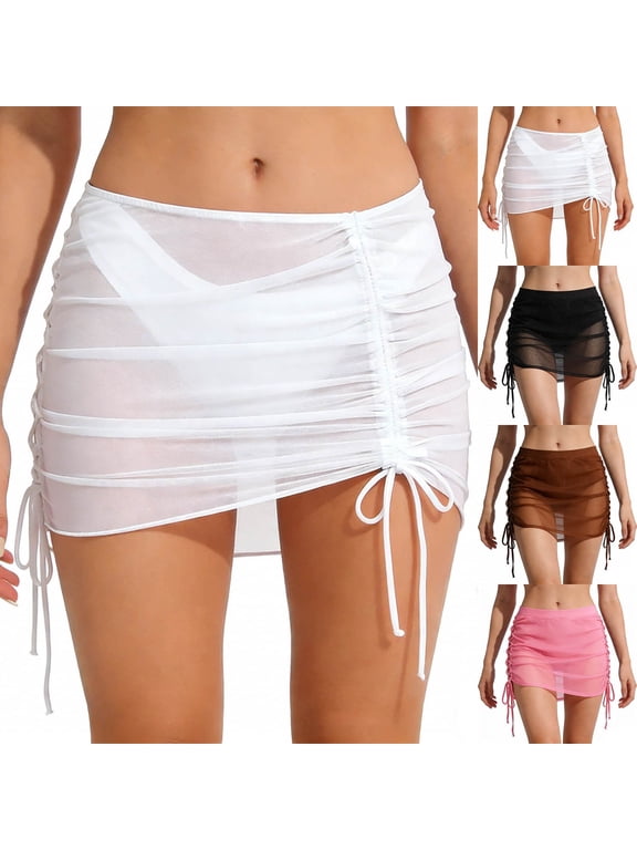 Women Swimsuit Cover Up Skirt Drawstring Ruched Bathing Suit Wraps Skirt Mesh Sheer Beach Swim Sarong Skirt Black L