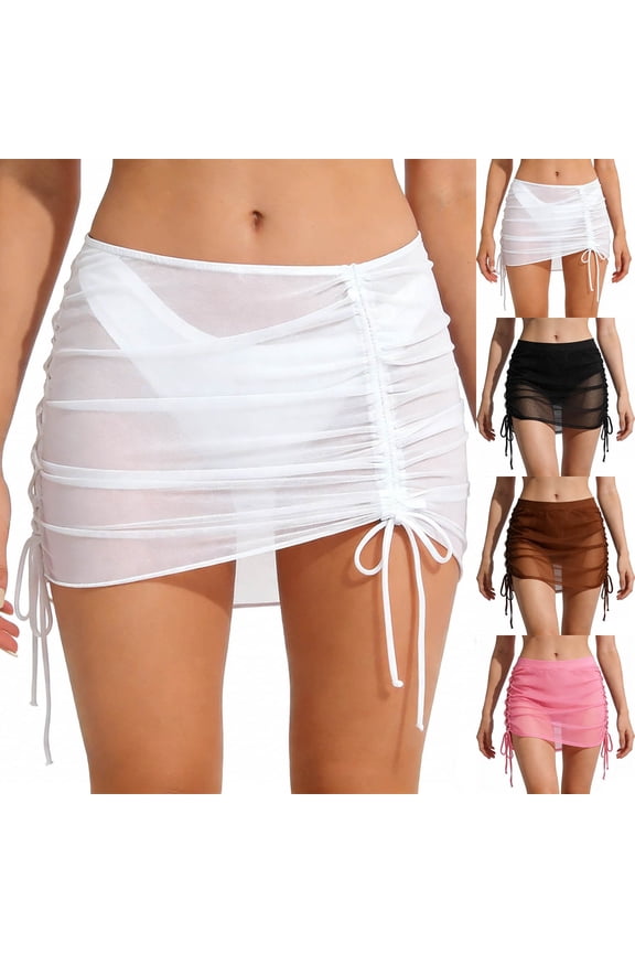 Women Swimsuit Cover Up Skirt Drawstring Ruched Bathing Suit Wraps Skirt Mesh Sheer Beach Swim Sarong Skirt White S