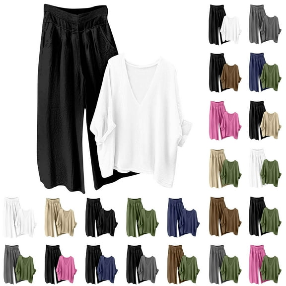 VBTAPA Women's 2 Piece Cotton Linen Sets Loose V Neck Tops Matching Wide Leg Pants Suit Lounge Set Summer Travel Outfits Brown L