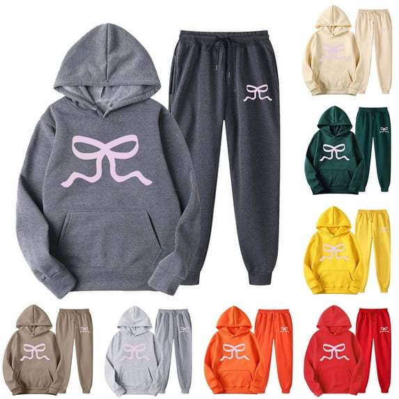 VBTAPA Women's 2 Piece Outfits Bow Print Hoodie Sweatsuit Sets Oversized Hooded Sweatshirt and Jogger Sweatpants Casual Tracksuit Jogging Suits with Pockets on Sale Dark Gray S