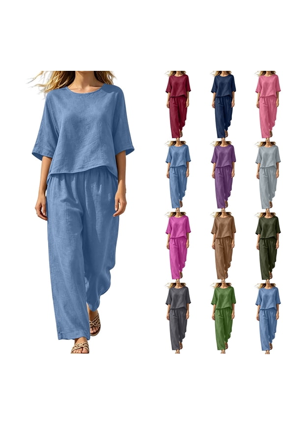 Women's 2 Piece Outfits Crewneck Half Sleeve Top Wide Leg Pants Set Summer Lounge Tracksuit Vacation Matching Sets Navy S