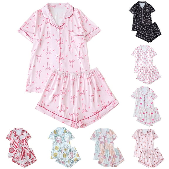 VBTAPA Women's 2 Piece Pajama Sets Bow Graphic Button Down Short Sleeve Shirt and Shorts Set Cute Sleepwear Soft Nightwear Mint Pink L