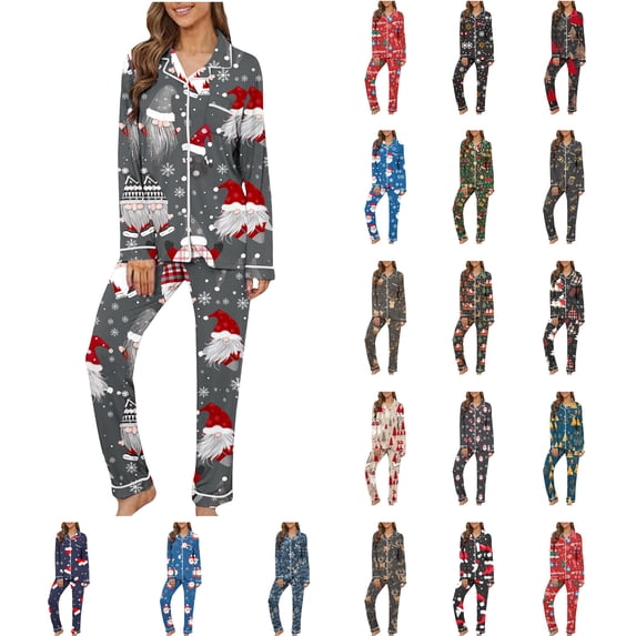 VBTAPA Women's 2 Piece Pajama Sets Matching Christmas Pajamas Xmas Tree Printed Long Sleeve Button Down Shirts and Wide Leg Pants Loungewear Pj Set with Pockets Cyber and Monday DealsMulticolor S