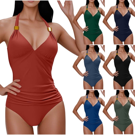 VBTAPA Women's 2 Piece Swimsuit Tummy Control Bathing Suit Halter Deep V Neck Ruched Swimwear with Bottoms Daily Sales Light Blue L