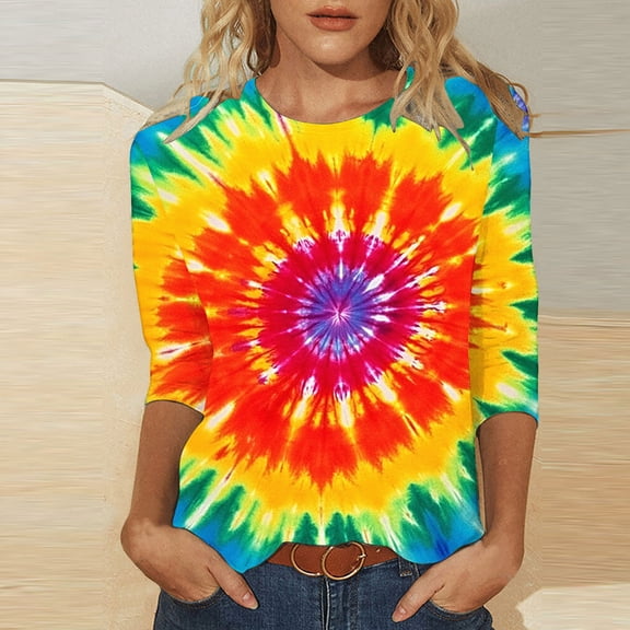 VBTAPA Women's 3/4 Length Sleeve Crewneck Tops Multicolor Tie Dye Graphic T-Shirt Casual Summer Blouse Tees Fashion Streetwear Multicolor XXXL