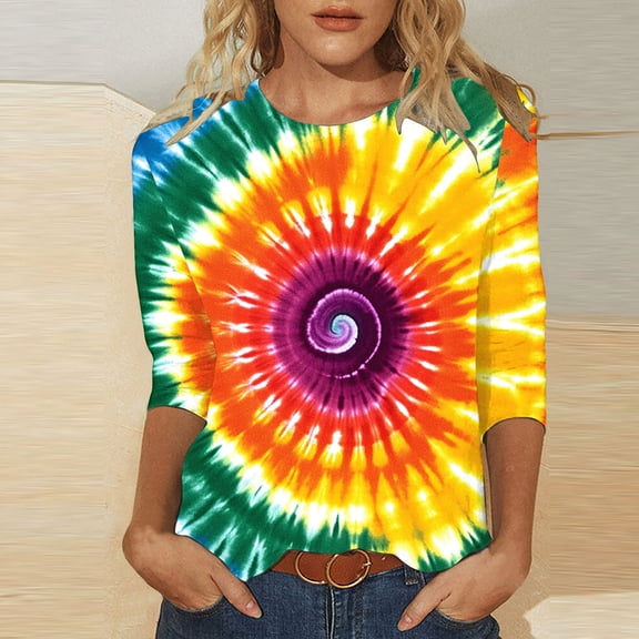 VBTAPA Women's 3/4 Length Sleeve Crewneck Tops Multicolor Tie Dye Graphic T-Shirt Casual Summer Blouse Tees Fashion Streetwear Today's Sales Multicolor XXXL