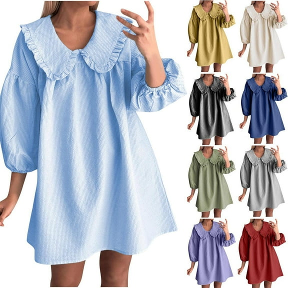VBTAPA Women's Babydoll Mini Dress Puff Sleeve Plaid Dresses Cute Doll Collar Summer Dresses Loose Comfy Casual Beach Dress Limited Time Sales Blue L