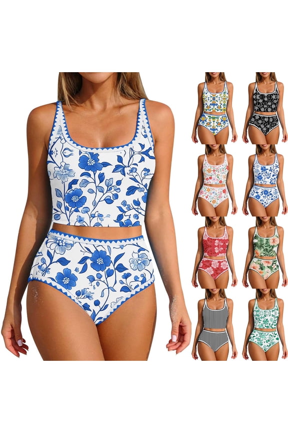Women's Bikini Sets Tropical Print High Waisted 2 Piece Swimsuits Hawaiian Beach Bathing Suits Mint Green S
