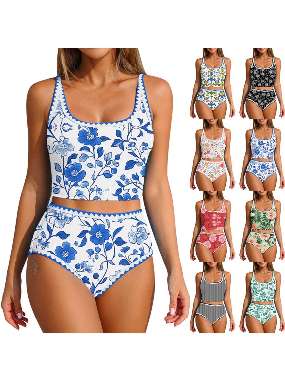 Women's Bikini Sets Tropical Print High Waisted 2 Piece Swimsuits Hawaiian Beach Bathing Suits Red S