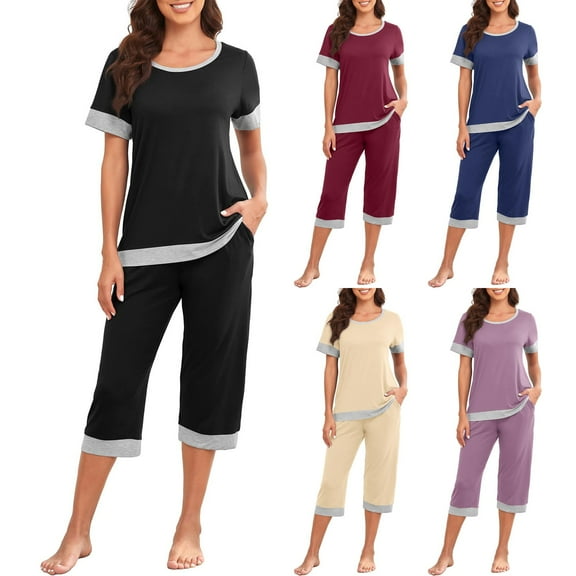 VBTAPA Women's Capri Pajama Sets 2 Piece Matching Lounge Set Striped Lounge Pjs Set Short Sleeve Sleepwear with Pockets Red XXL