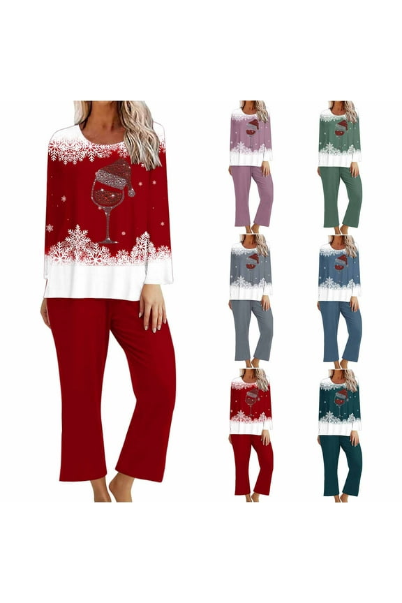 Women's Christmas Pajama Sets Sequin Wine Glass Graphic Tee Shirt Matching Capri Pants Soft Comfy Pjs Lounge Set Xmas Jammies Holiday Sleepwear Red M