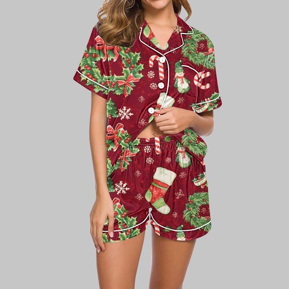 VBTAPA Women's Christmas Pajamas Sets Cute Xmas Print Button Down Shirts and Shorts 2 Piece Loungewear Set Novelty Holiday Sleepwear Short Sleeve Lounge Pjs Sets Wine L