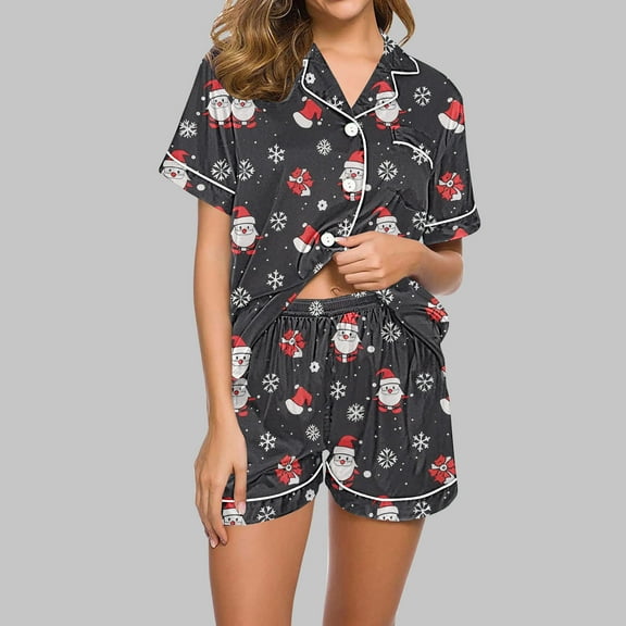 VBTAPA Women's Christmas Pajamas Sets Cute Xmas Print Button Down Shirts and Shorts 2 Piece Loungewear Set Novelty Holiday Sleepwear Short Sleeve Lounge Pjs Sets Prime Sales of The Day Dark Gray XL