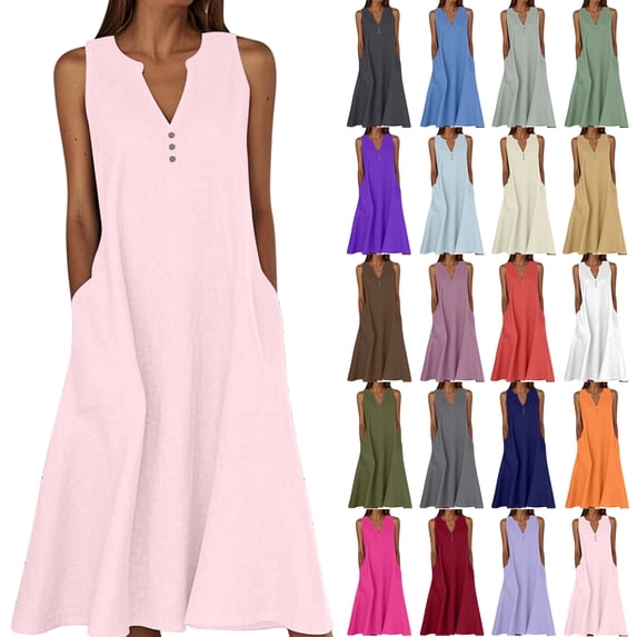 VBTAPA Women's Cotton Linen Dresses 2026 Summer Sleeveless V Neck Maxi Dress Loose Casual Tank Dresses Flowy Loose Beach Dresses with Pockets Navy M