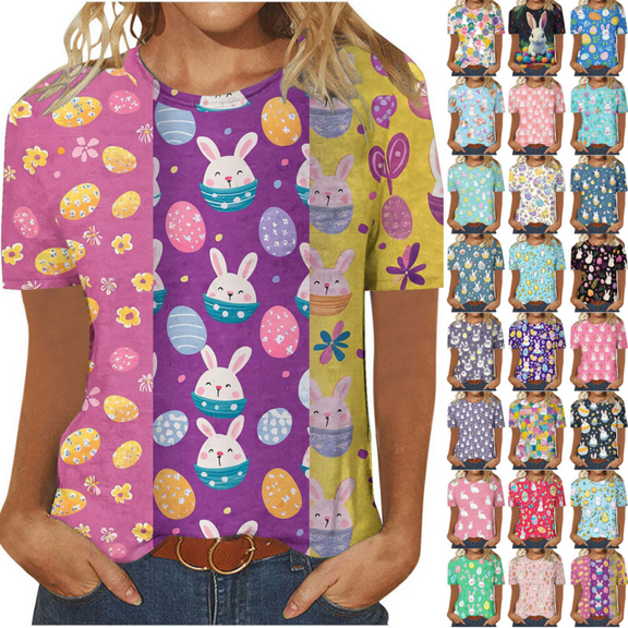 VBTAPA Women's Cute Easter Shirts Funny Bunny Eggs Print Short Sleeve T-Shirt Casual Loose Blouse Tops Lightning Sales Multicolor L