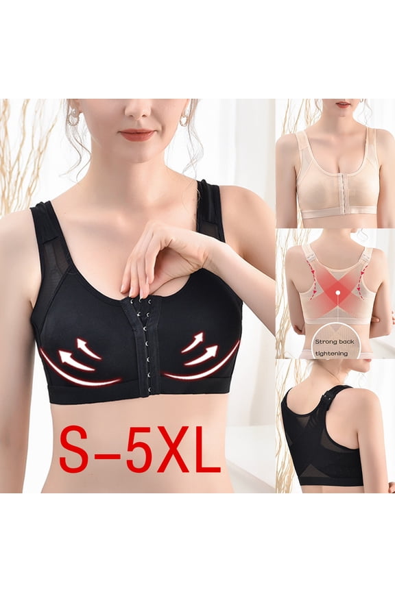 Women's Front Closure Bras Plus Size Full Coverage Lace Bra Seamless Push Up Racerback Wireless Bras Back Support Posture Bra Black M