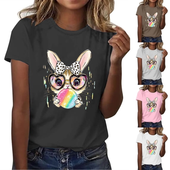 VBTAPA Women's Happy Easter Shirt Funny Bunny T-Shirt Cute Rabbit Graphic Tees Egg Hunt Holiday Party Tops Prime Sales of The Day Black XXL