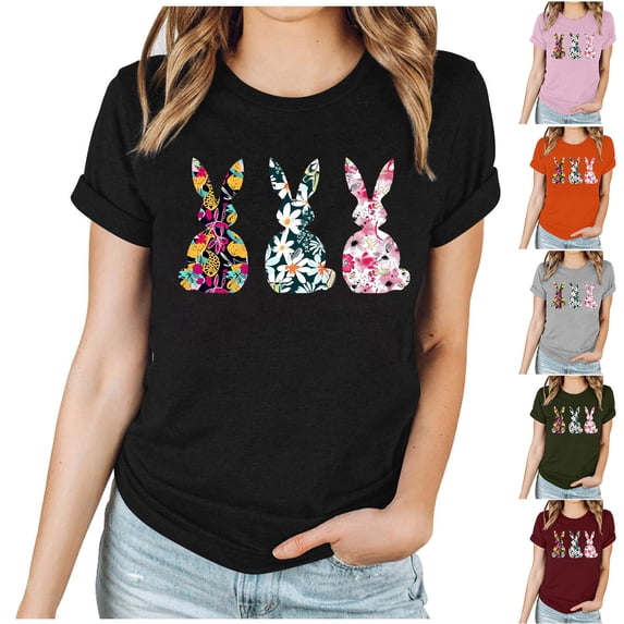 VBTAPA Women's Happy Easter Shirt Short Sleeve Funny Tops Rabbit Graphic Colored Eggs Print T-Shirts Easter Day Gifts Limited Time Sales Pink S