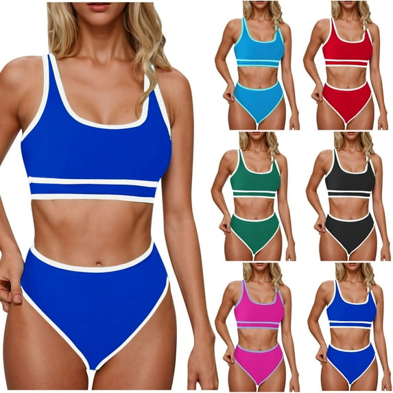 VBTAPA Women's High Waisted Bikini Sets Sporty Two Piece Swimsuits Color Block High Cut Bathing Suits Daily Sales Blue L