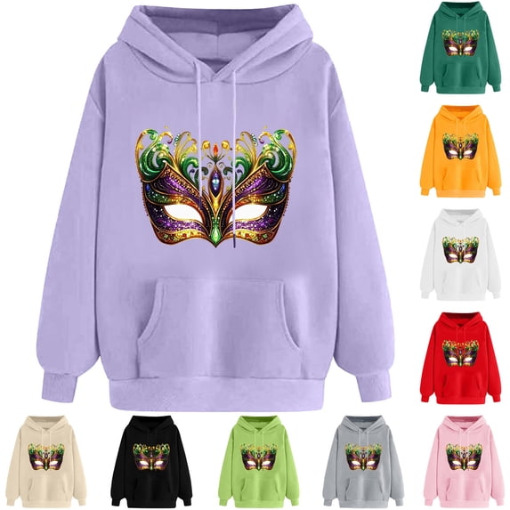 VBTAPA Women's Mardi Gras Sweatshirt Novelty Mask Graphic Hoodies Tuesday Carnival Parade Party Pullover Tops with Kangaroo Pocket Yellow M