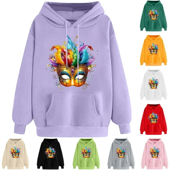 VBTAPA Women's Mardi Gras Sweatshirt Novelty Mask Graphic Hoodies Tuesday Carnival Parade Party Pullover Tops with Kangaroo Pocket Beige L
