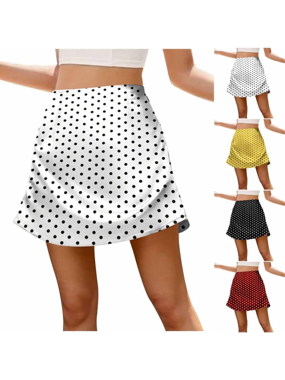 Women's Mini A Line Skirts Polka Dot Printed High Waist Satin Silk Skirt Summer Casual Everyday Short Skirts Yellow XL