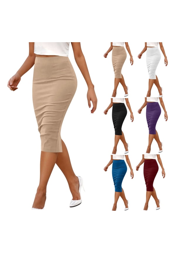 Women's Office Work Pencil Skirt Stretch High Waist Below Knee Bodycon for Business Casual Wine L