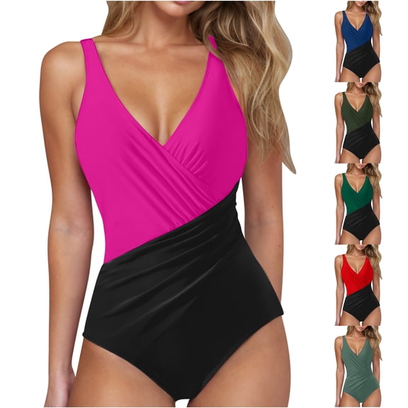 VBTAPA Women's One Piece Swimsuit Color Block Bathing Suit Tummy Control V Neck Wrapped Ruched Swimwear Clearance Sale Red M
