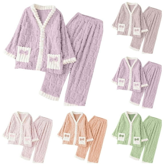 VBTAPA Women's Plush Pajama Set Bow Tie Pattern Fuzzy Fleece Sleepwear Winter Warm Loungewear Set 2 Piece Button Down Pj Sets Orange Free Size