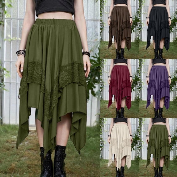 VBTAPA Women's Renaissance Pirate Skirt 2026 Y2k Contrast Lace Asymmetrical Midi Skirts Flowy Fairy Long Skirt Gothic Clothes Coffee XL