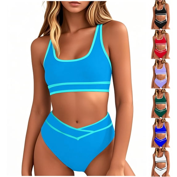 VBTAPA Women's Sporty Two Piece Swimsuits High Waisted Athletic Bikini Sets for Women Color Block Bathing Suit with Bottoms Limited Time Sales Purple XXL