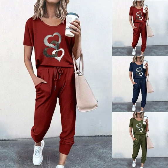 VBTAPA Women's Summer 2 Piece Outfits Short Sleeve Printed Casual Sweatsuits Jogging Tracksuits Matching Lounge Sets 2025 Fashion Prime Sales Today Navy S
