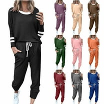 VBTAPA Women's Sweatsuits 2 Piece Outfits Striped Track Suit Sets Crewneck Long Sleeve Pullover and Drawstring Waist Joggers Set Casual Jogging Matching Suits Black XXL
