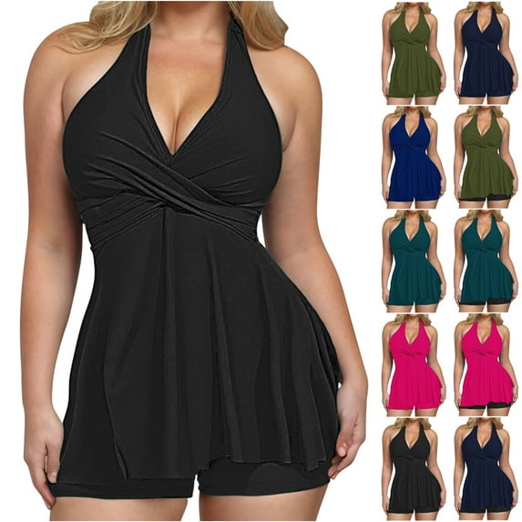 VBTAPA Women's Tankini Swimsuit Two Piece 2025 Halter V Neck Bathing Suit with Shorts Tummy Control Modest Swimwear Limited Time Sales Blue L