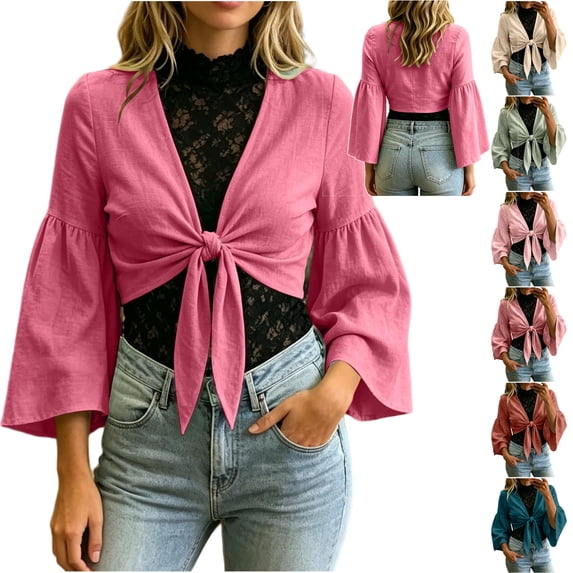 VBTAPA Women's Tie Front Cropped Cardigan Cotton Linen 3/4 Sleeve Bolero Shrug for Sleeveless Dress V-Neck Bell Sleeves Beach Cover Up Tops Green M