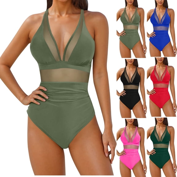 VBTAPA Women's Tummy Control Swimsuits Mesh One Piece Bathing Suits Slimming V Neck Swimwear Today's Sales Red S