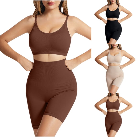 VBTAPA Women's Workout Sets 2 Piece Yoga Outfit High Waisted Biker Shorts Leggings Sports Bra Gym Fitness Clothes Tracksuit Coffee XXL