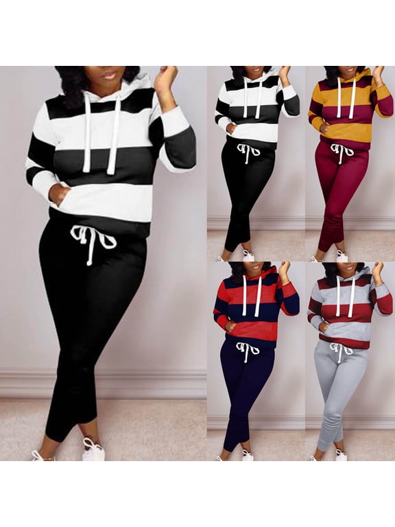 Womens 2 Piece Casual Tracksuit Long Sleeve Hoodie Sweatsuit Striped Hooded Sweatshirt and Drawstring Sweatpants Set Jogging Matching Suits with Pockets Back to College Sale Navy L