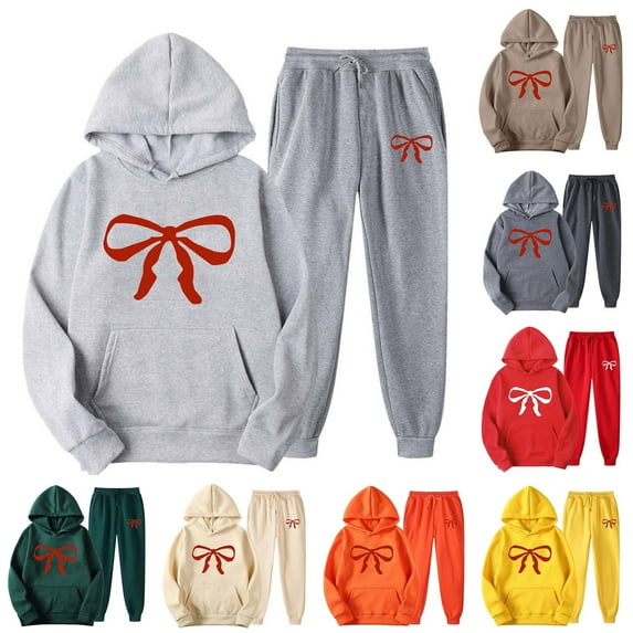 VBTAPA Womens 2 Piece Outfits Bow Print Hoodie Sweatsuit Oversized Hooded Sweatshirt and Jogger Sweatpants Tracksuit Sets Jogging Matching Suits with Pockets Yellow L