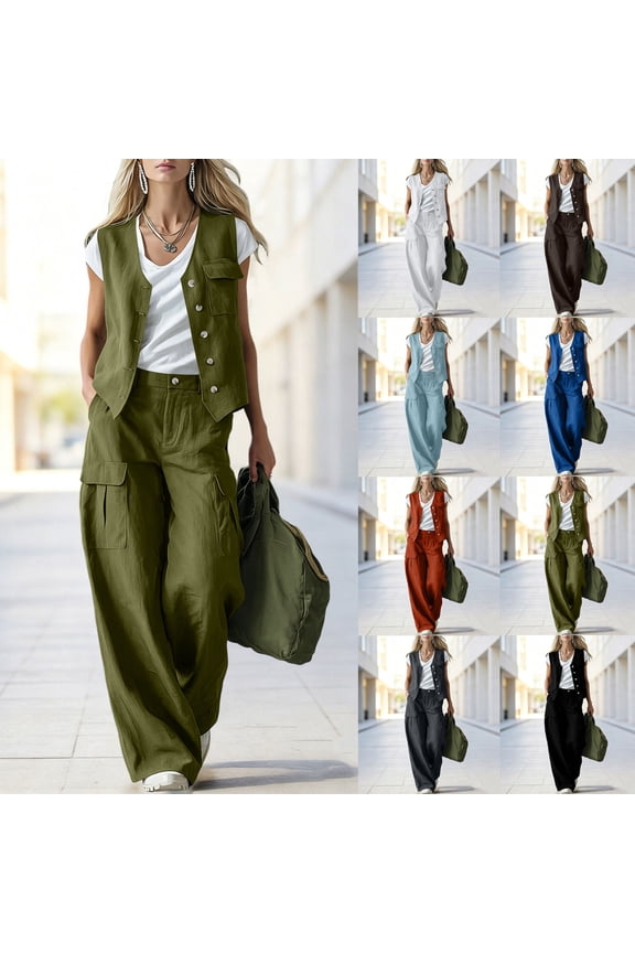 Womens 2 Piece Outfits Cotton Linen Vest and Wide Leg Pants Suits Business Casual Beach Vacation Clothes Brown M