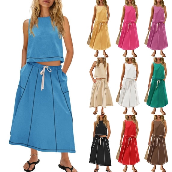 VBTAPA Womens 2 Piece Outfits Cropped Sleeveless Tank Tops Lounge Sets High Waisted Drawstring Maxi Skirt Matching Sets Pink XXL