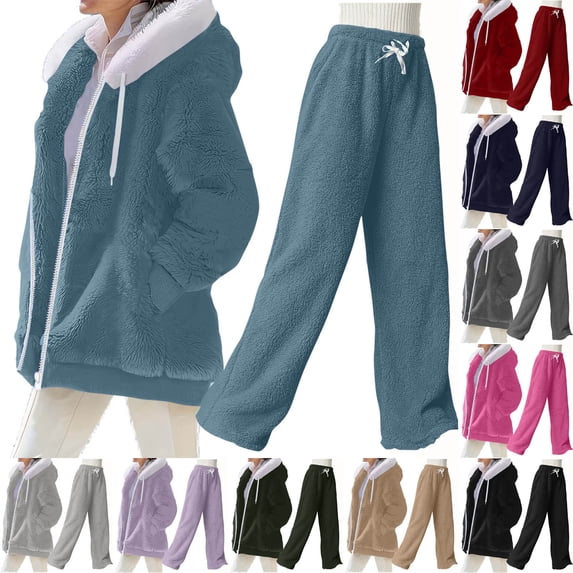 VBTAPA Womens 2 Piece Outfits Sherpa Fleece Sweatsuits Zip Up Hoodie Jacket Wide Leg Sweatpants Tracksuit Set with Pockets Black XL