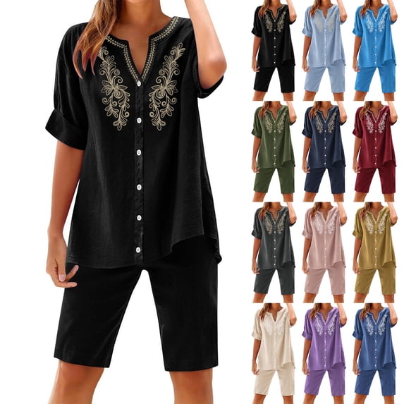 VBTAPA Womens 2 Piece Outfits Short Sleeve Linen Embroidered Shirts Wide Leg Knee Length Shorts with Pockets Lounge Matching Sets Blue L